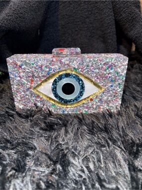 Glitter Evil Eye Clutch Bag - Silver Multicolor Sparkle